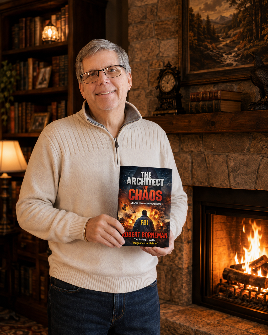 Reader with Vengeance for Gabriel by the fireplace